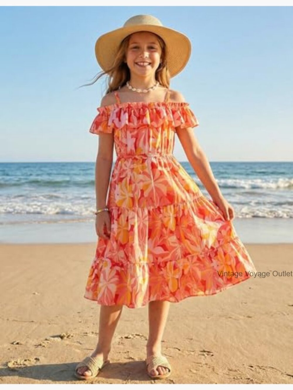 Girls Off Shoulder Floral Tiered Midi Sundress Ruffle Spaghetti Strap - Picture 2 of 7